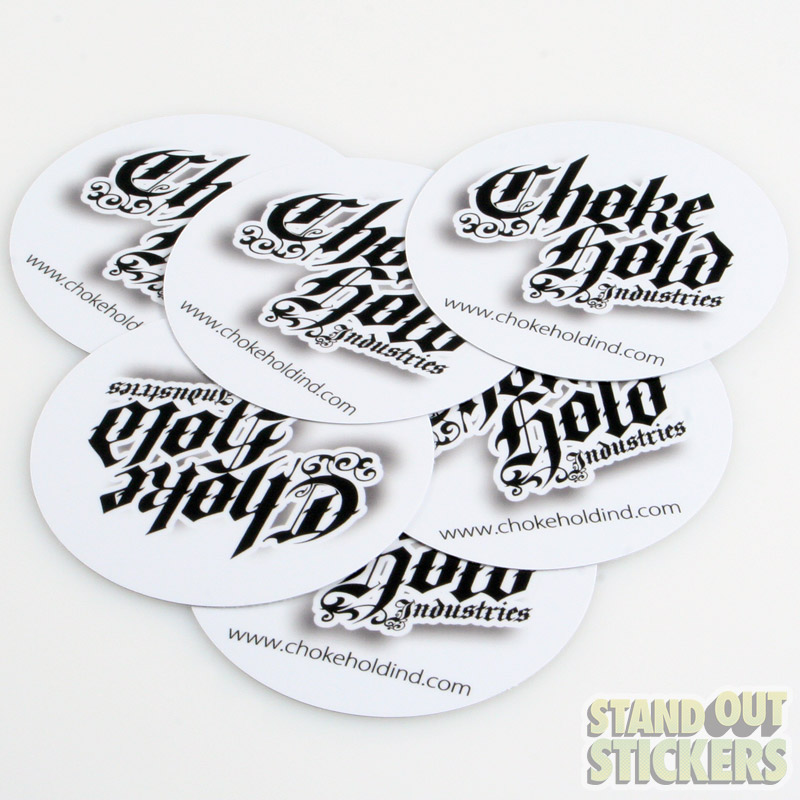 Choke Hold Industries round logo stickers printed in black and white