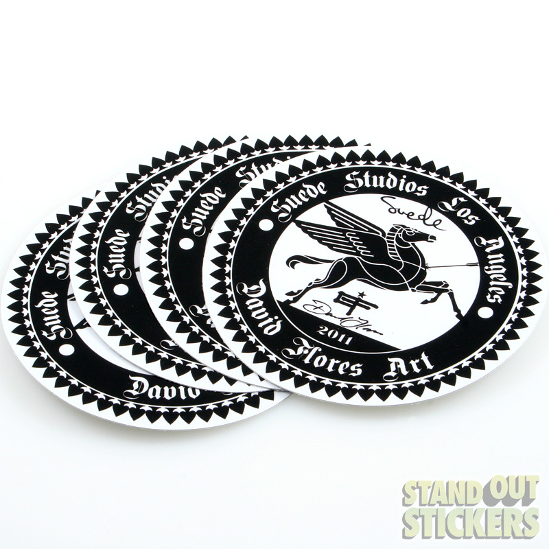 Suede Studios Los Angeles David Flores Art round logo stickers printed in black and white