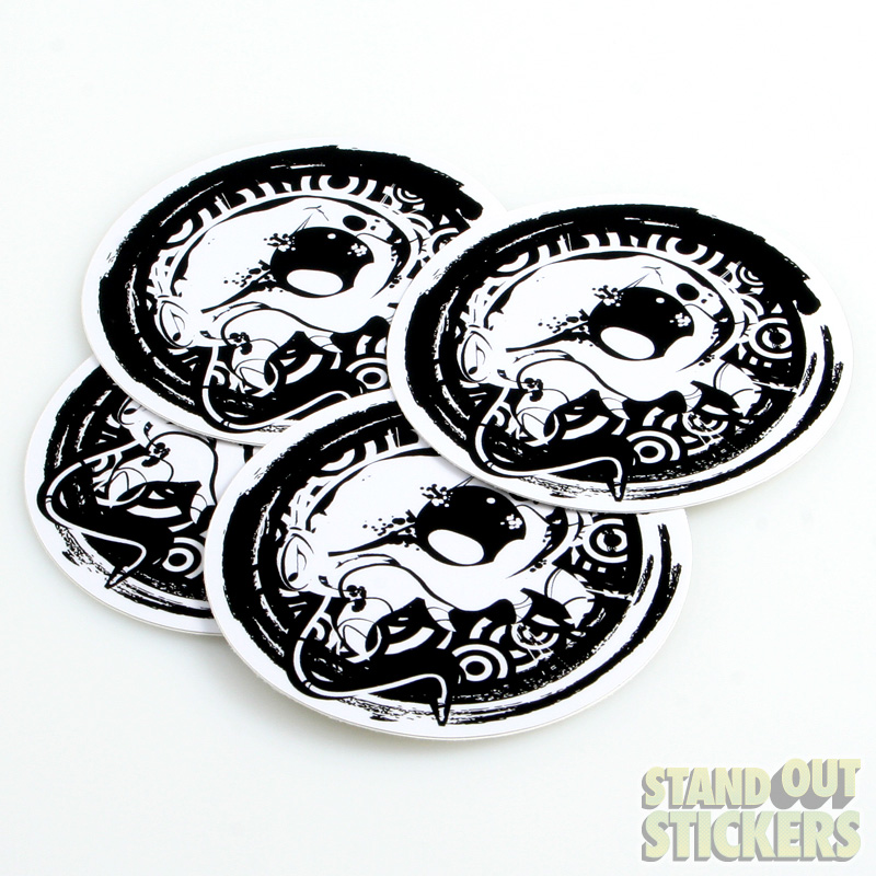 Circle stickers printed in black and white with unique artwork