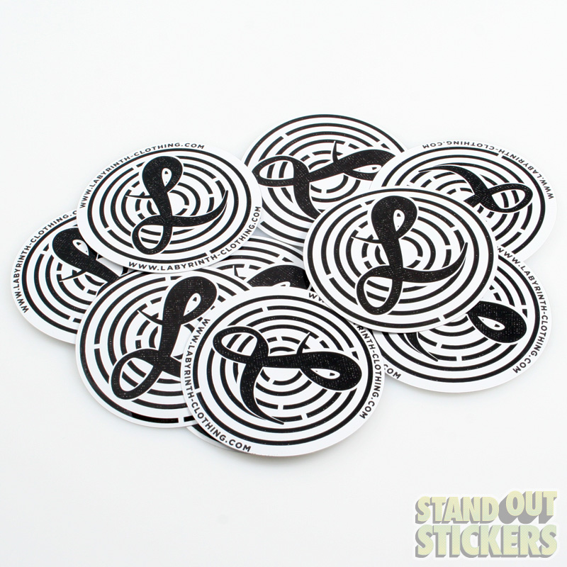 Labyrinth Clothing circle logo stickers in black and white