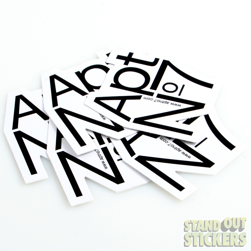 Apt No7 die cut logo stickers in black and white