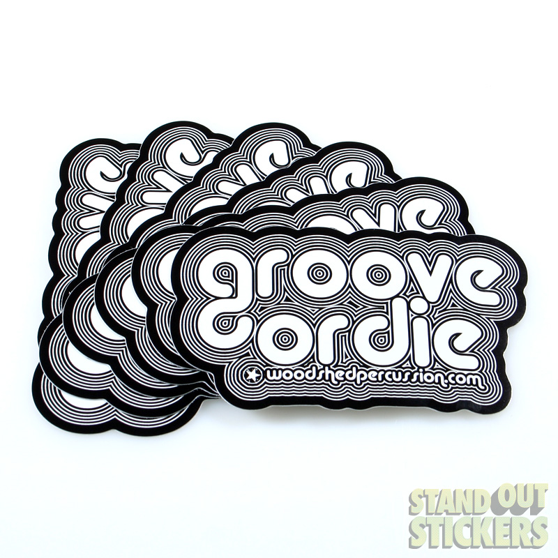 Woodshed Percussion die cut stickers in black and white