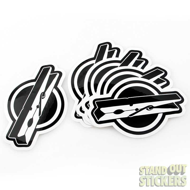 clothespin logo die cut stickers in black & white