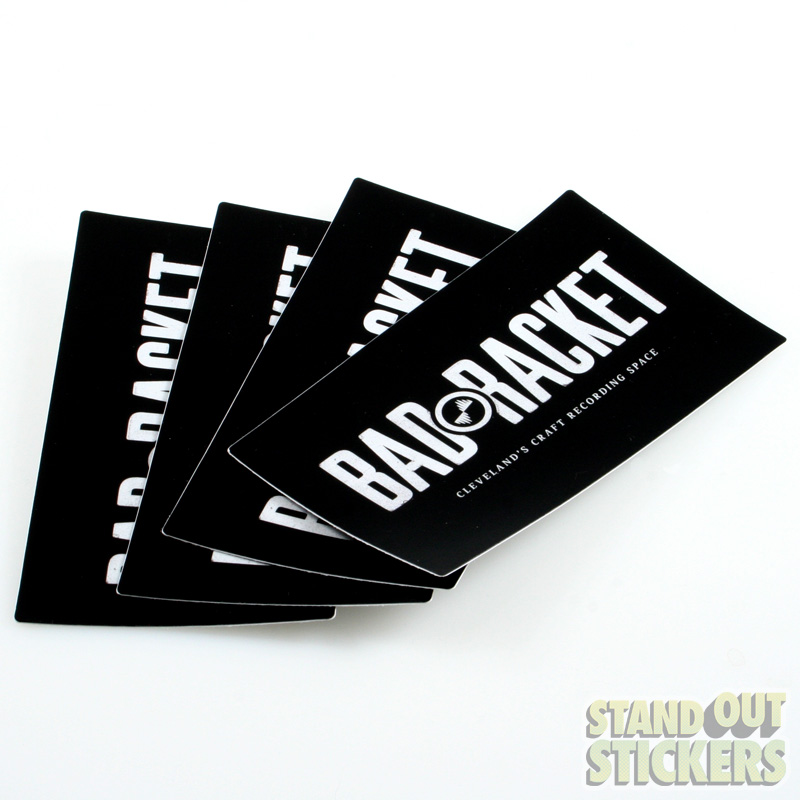 Bad Racket rectangular black and white logo stickers